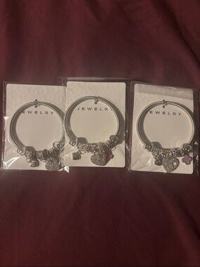 3 Silver Charm Bracelet with Heart and Floral Accents - Women Jewelry